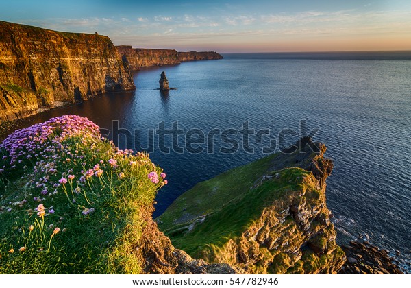 Ireland countryside tourist attraction in County\
Clare. The Cliffs of Moher and castle Ireland. Epic Irish Landscape\
Seascape along the wild atlantic way. Beautiful scenic nature hdr\
Ireland.