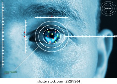 Iris Scan For Security Or Identification. Eye With Scanner And Computer Interface