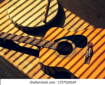 Irish Bodhrán And Acoustic Guitar With Shadows 