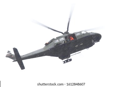 An Irish Air Corps Helicopter Arrives In Bad Weather With A Casualty To The University Hospital Helipad In Limerick, Ireland On Nov 13, 2019.