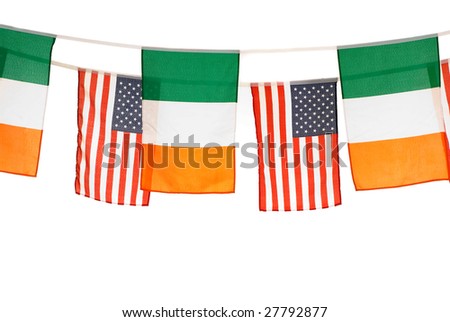 Irish and american banner flags on white background, st Patrick holiday. Studio shot.