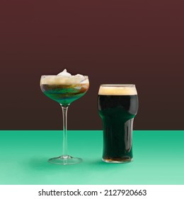 A Irish Coffee With Milk Foam And Pint Of Black Stout Beer Glass And Modern Glass Of . Minimal Pub Concept. Plum Background.