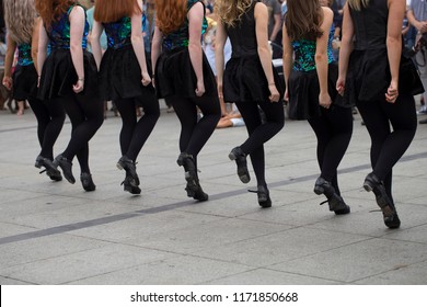 Irish dancers are dancing