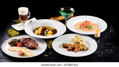 Irish Dinner. Beef Meat Stewed With Potatoes, Carrots On Wooden Background. Homemade Winter Comfort Food Table Set Irish Holiday Patrick's Day