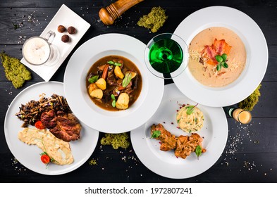 Irish Dinner. Beef Meat Stewed With Potatoes, Carrots On Wooden Background. Homemade Winter Comfort Food Table Set Irish Holiday Patrick's Day