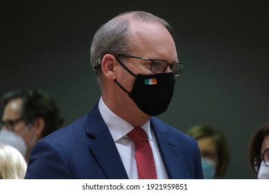 Irish Foreign Minister Simon Coveney Arrives To Attend In An European Foreign Ministers Meeting In Brussels, Belgium On February 22, 2021.