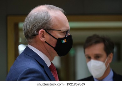 Irish Foreign Minister Simon Coveney Arrives To Attend In An European Foreign Ministers Meeting In Brussels, Belgium On February 22, 2021.