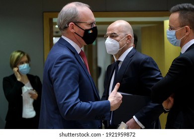 Irish Foreign Minister Simon Coveney Arrives To Attend In An European Foreign Ministers Meeting In Brussels, Belgium On February 22, 2021.