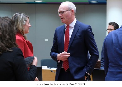 Irish Foreign Minister Simon Coveney Arrives For A Foreign Affairs Council (FAC) Meeting At The EU Headquarters In Brussels, Belgium On May 16, 2022. 