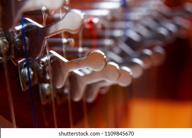 Irish harp music instrument closeup. Blur background.