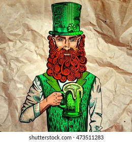Irish leprechaun with mug of beer drawn on crumpled paper