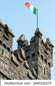 Irish Tricolour Flag Flying From Castle Turret.