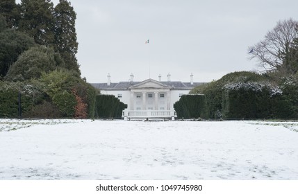 Irish White House - Áras An Uachtaráin - Residence Of Irish President In Snow. Phoenix Park, Dublin, Ireland. March 18, 2018