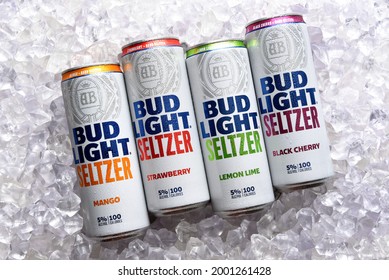 IRIVNE, CALIFORNIA - 2 JULY 2021: Bud Light Seltzer. Four Cans, Lemon Lime, Mango, Strawberry And Black Cherry Flavors In A Bed Of Ice. 