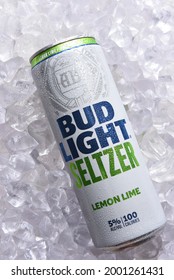 IRIVNE, CALIFORNIA - 2 JULY 2021: A Can Of Bud Light Seltzer Lemon Lime Flavor In A Bed Of Ice.