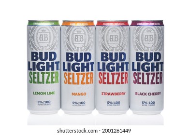 IRIVNE, CALIFORNIA - 2 JULY 2021: Bud Light Seltzer. Four Cans, Lemon Lime, Mango, Strawberry And Black Cherry Flavors On White. 