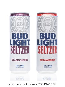 IRIVNE, CALIFORNIA - 2 JULY 2021: Two Cans Of Bud Light Seltzer, Strawberry And Black Cherry Flavored Alcoholic Beverage.