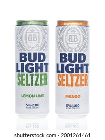 IRIVNE, CALIFORNIA - 2 JULY 2021: Two Cans Of Bud Light Seltzer, Lemon Lime And Mango Flavored Alcoholic Beverage.