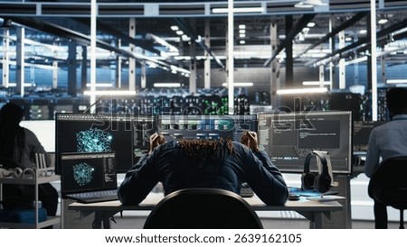 Irked data center admin raging because of malfunctioning node tree software analyzing datasets. Irascible server hub worker exasperated by visual programming tools not improving performance, camera A