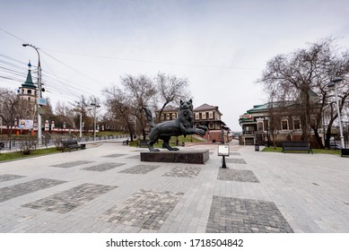 IRKUTSK, RUSSIA - APRIL 27, 2020: Babr Sculpture Siberian Tiger Symbol Of Irkutsk City In Cloudy Spring Day