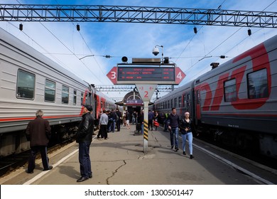 Irkutsk / Russia - May 22, 2018 : Trans Siberia Train Boarding Passengers At Platform Of Central Railway Station.