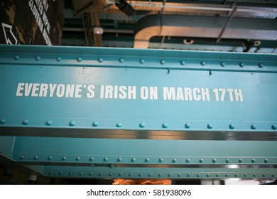 Iron bar in a Dublin distillery with written on it "Everyone's Irish on March 17th".