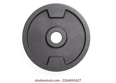An iron black weight plate seen from top isolated on white background