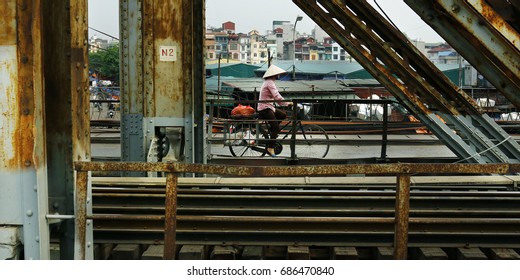 Iron Bridge Crossing Red River In Hanoi Vietnam