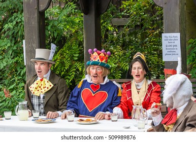 Iron Bridge, Telford, UK - July 21, 2012: Alice In Wonderlands Mad Hatters Tea Party. Queen Of Hearts, King Of Hearts, Alice, March Hare. 