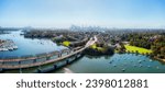 Iron Cove bridge and Victoria road motorway at Rozell interchange in Inner West suburbs of Sydney - aerial panorama.