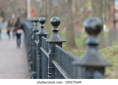 Iron Fence Post Cap, People Walking On Sidewalk