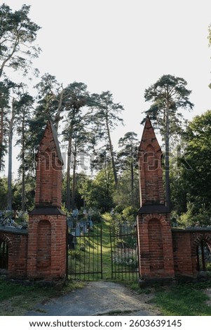 Iron gate with two tall brick pillars marks the entrance to an old forest cemetery nestled among tall pine trees. Gravestones and crosses are visible on the hillside in the background
