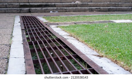 Iron Grate Of A Drainage System For Storm Water Drainage In Side A Pedestrian Sidewalk