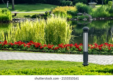 iron ground lantern near pond filled with water in a park with pedestrian sidewalks made of stone tiles among different plants, landscape design of decorative garden light on sunny day.