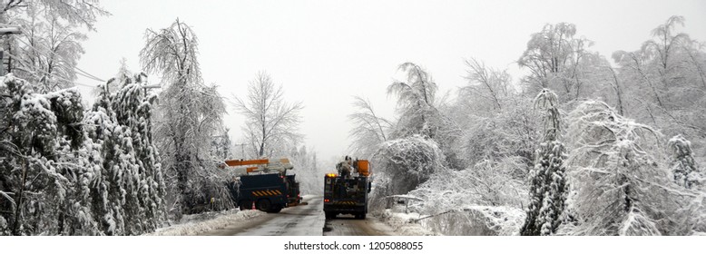 IRON HILL QUEBEC CANADA 01 14 2014: Winter Landscape With Hydro Electricity Repair Truck After An Ice Storm  Eastern Townships Quebec Canada 