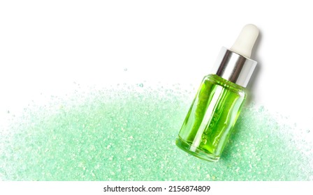 Iron (II) Sulfate Liquid In Dropper Bottle Place On Ferrous Sulfate Background.