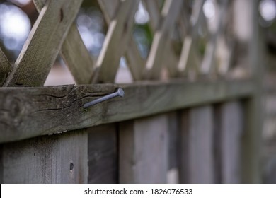 An Iron Nail Sticks Out Of A Piece Of Wood At The Top Of A Cedar Wooden Fence. A Shallow Depth Of Field Shows Most Of The Fence As A Background Blur.