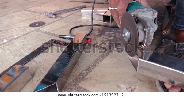 iron\
object cutting from electric machine at workshop district Katni\
Madhya Pradesh in India shot captured on sep 2019\
