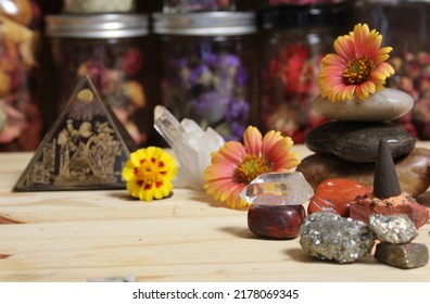 Iron Pyrite With Incense Cones On Meditation Altar 