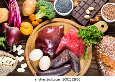 Iron rich foods: liver, beef, blood sausage, eggs, rye bread, dark chocolate, parsley leaves, dried apricots, bean, poppy seed, broccoli, beetroot, potato, nuts and pistachios. Heme Iron and Non-Heme