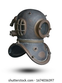 The Iron scuba helmet diving suit retro vintage design with copper metal material isolated on white background. This has clipping path.