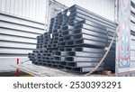 iron steel store in warehouse heavy industry.Steel pipes group for industry  material Product of engineering  construction Factory equipment iron tubes metal warehouse industrial