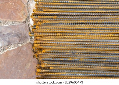 Iron Wire For Beton Construction Background . Building Materials Mesh For Concrete On Building Site