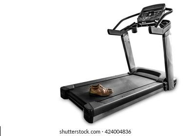 Ironic Concept: Leather Shoes On An Isolated Treadmill. Dramatic And Color Accent Effect