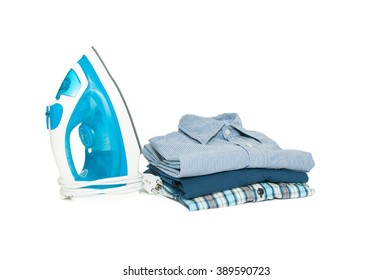 Ironing, Clothes, Housework And Objects Concept - Close Up Of Iron And Clothes Isolated On White