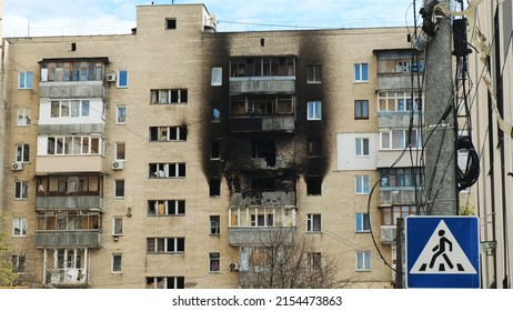 Irpen, Ukraine, April 2022, aftermath of the war with Russia. Destroyed buildings and houses.