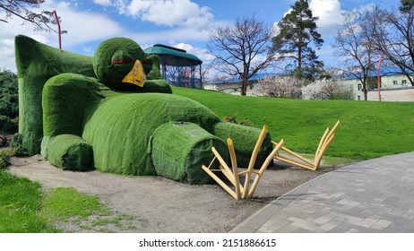 Irpin Park without People After War Attack of the Russian Soldiers. Big Bird with red eyes laying in park Green Grass, Trees No People. Beautiful Park with Green Grass Forest. 15 April 2022