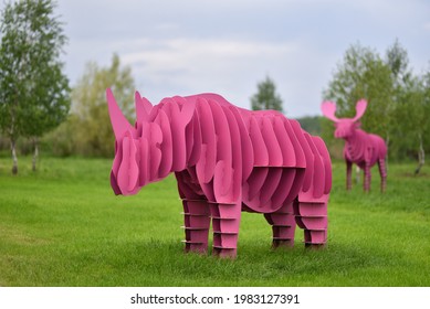 Irpin, Ukraine - May 29 2021: Modern Abstract Metal Sculpture Of Wild Animals - Rhino And Elk