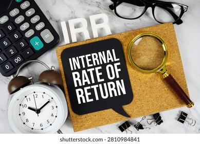 IRR - Internal Rate of Return acronym with calculator, alarm clock and magnifying glass, business concept background