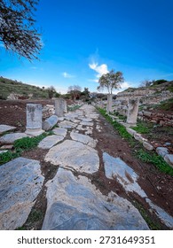 Irregular limestone slabs form a rugged ancient walkway flanked by tall cylindrical pillars amid reddish earth and green sprouts. Distant terraced hillsides and sparse trees frame the scene under a vivid blue sky dotted with clouds.
